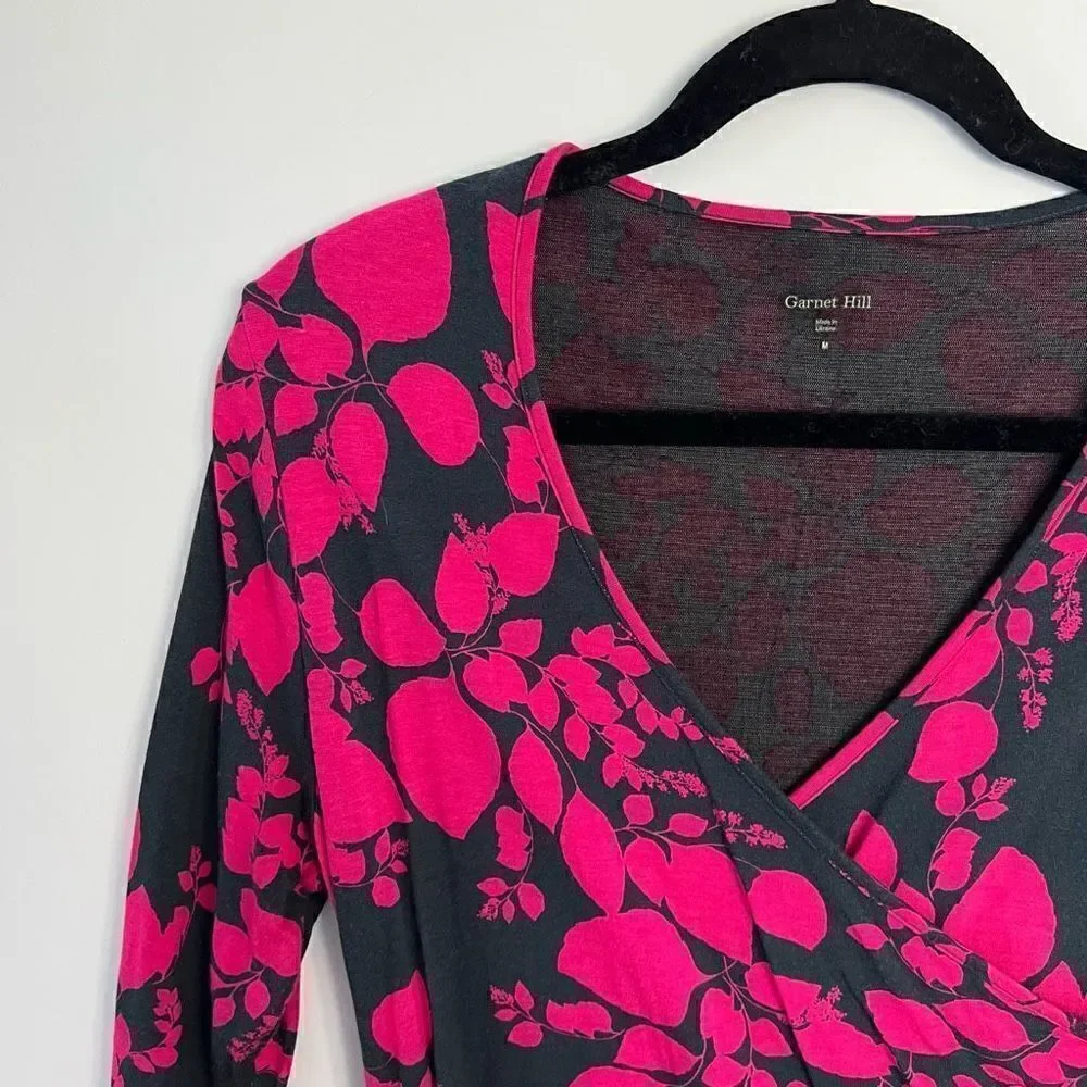 Garnet Hill Brianna Wrap Dress Pink Gray Floral Floral Print 3/4 sleeves M